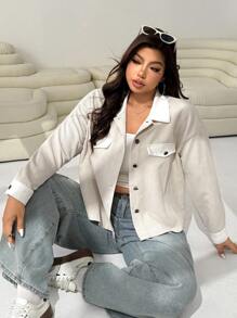 SHEIN EZwear 大码女式休闲拼色拼接夹克秋冬女装 - 杏色 - 查看 4