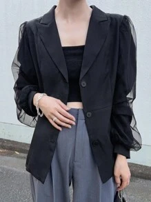 FRIFUL Women's Solid Color Lapel Neck Splice Mesh Long Sleeve Elegant Blazer, Fall Women Clothes Jackets For Women Jacket For Women Cropped Blazer Black Blazer Women Mesh Sleeve Blazer Black Crop Jacket Blazers For Women Sheer Sleeve Blazer Business Attire