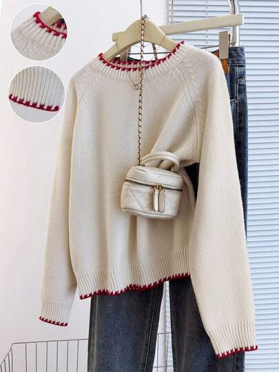 Franclia Back To School Casual Style Loose Round Neck Long Sleeved Woolen Fabric With Contrasting Color Trim And Raglan Sleeves, Apricot Colored Women's Autumn And Winter Pullover Sweater Winter Clothes For Women Christmas Clothes Going Out Tops Women Fall Cloth For Women
