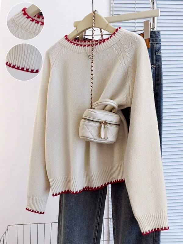 Franclia Lässig locker sitzender Rundhals Langarm Strickpullover mit Kontrastbesatz an den Raglanärmeln, Apricot, Damen, Frühling/Herbst