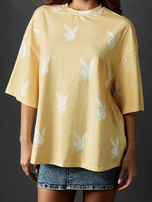 Missguided x Playboy Bunny Oversized T-Shirt All Over Print Retro Style Casual Streetwear Short Sleeve Cotton Tee Summer Festival Y2K Fashion Top - Mustard Yellow - View 3
