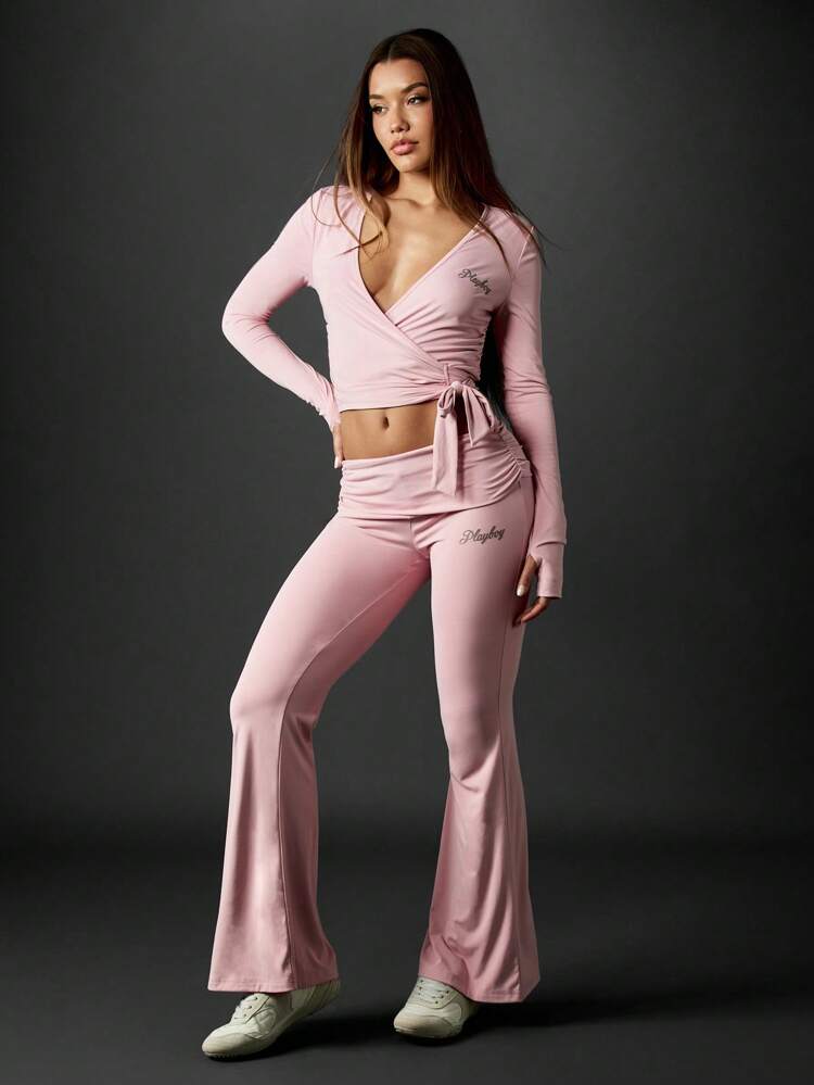 Missguided x Playboy Christmas Long Sleeve Wrap Crop Top With Bell Bottom Pants