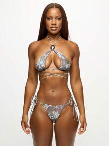 SUMWON WOMEN Conjunto de bikini con estampado de serpiente y detalles de anillo de cristal, traje de baño para vacaciones en la playa, ropa de resort, traje de baño de dos piezas para fiesta en la piscina