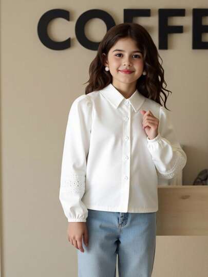 年轻女孩纯色撞色蕾丝泡泡袖单排扣衬衫