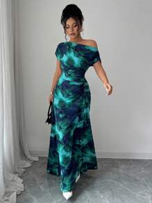 Elenzga Women's Contrast Color Floral Print Asymmetrical Neck + Waist Ruched Dress - Green - View 6