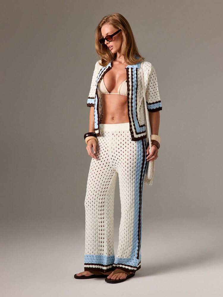 Crochet Knit Wide Leg Pants With Striped Border
