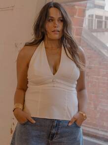 Aralina Plus Size Women Casual Halter Backless Tank Top - White - View 3
