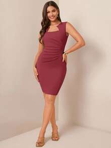 Amorya Women's Elegant Solid Color Ruffle Sleeveless Fitted Dress - Coral Pink - View 3