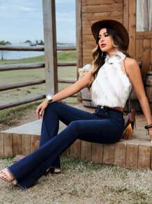 SHEIN Jeans acampanados con bolsillos de tela elástica para mujer de talla grande