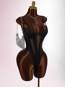 Amplova Solid Color Casual Fashionable Vacation Sexy Camisole Bodysuits For Women Mesh Bodysuit - Multicolor - View 2