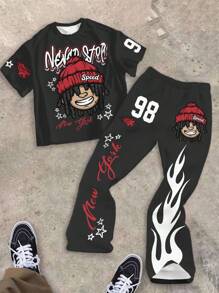 SHEIN 2 件/套青少年男孩休闲经典卡通人物、城市名称纽约、火焰、星星图案印花圆领 T 恤和喇叭裤套装，适合青少年男孩，适合春夏季男孩运动裤图案和衬衫游戏玩家男孩慢跑套装男孩图案慢跑套装男孩火焰印花慢跑套装男孩纽约慢跑套装男孩火焰慢跑套装，街头服饰 - 彩色 - 查看 1