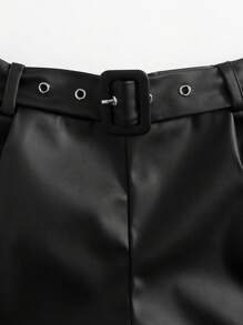 SHEIN Tween Girl Rolled Hem Belted PU Leather Shorts - Black - View 4