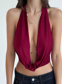 Aloruh Halter Tie Sexy Deep V Backless Chain Music Festival Sexy Babe Women Tank Top - Baby Pink - View 3