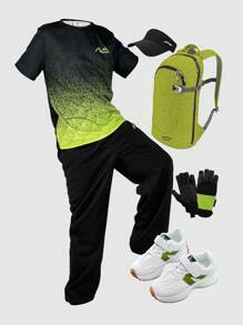 SHEIN Conjunto deportivo informal para niños preadolescentes, camiseta de manga corta de cuello redondo y pantalones jogger