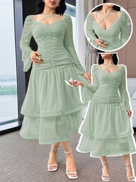 Modelyn Women's Elegant Solid Color Flared Sleeve Ruched Midi Dress