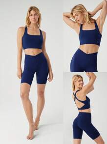 GLOWMODE FeatherFit™ Twisted Active Square Neckline Tank Light Support Low Impact Yoga Daily - Dark Blue - View 7