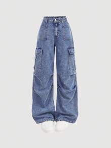 Quần jeans nữ tuổi teen phong cách Y2K Punk Streetwear, quần ống rộng cạp trễ, túi nắp gập, xếp ly, kiểu cargo, thích hợp cho Halloween, Giáng sinh, mùa thu đông, đi học, lễ hội, quần jeans rộng thùng thình kiểu Y2K, quần jeans ngoại cỡ, quần jeans denim giặt rộng, quần jeans cargo, quần jeans ống rộng cho nữ. - Rửa tối - Xem 3