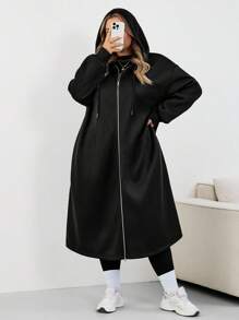SHEIN CURVE+ Plus Size Women Long Hooded Jacket Coat, Suitable For Autumn/Winterfall Clothes For Women,Winter,CURVE PLUS Black Hooded Coat/Autumn /Winter - Black - View 8