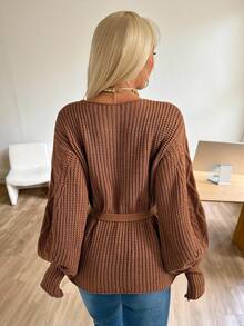 SHEIN EZwear Suéter casual de manga larga con cintura ceñida, estilo de dinero antiguo para mujer en otoño e invierno - Marrón - Ver 2