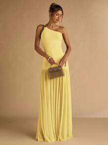 SHEIN BAE 女士杏色不对称肩部金属扣装饰紧身连衣裙，透明下摆，优雅 - 黃色 - 查看 4