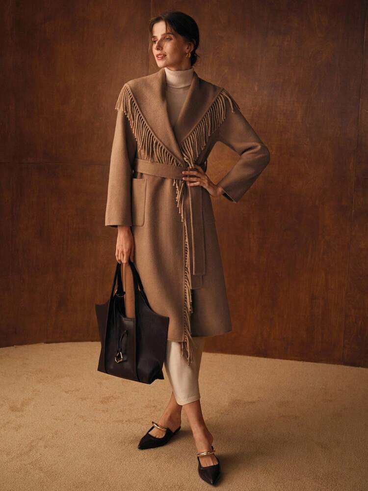 WATERFALL COLLAR FRINGE TRIM WOOL BLEND OVERCOAT