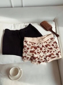 Comfortcana 2 件女式秋季休闲西部抽绳腰豹纹针织短裤套装，返校，豹纹短裤，猎豹动物印花短裤，返校女装，波西米亚女装，哥特女装 - 彩色 - 查看 5