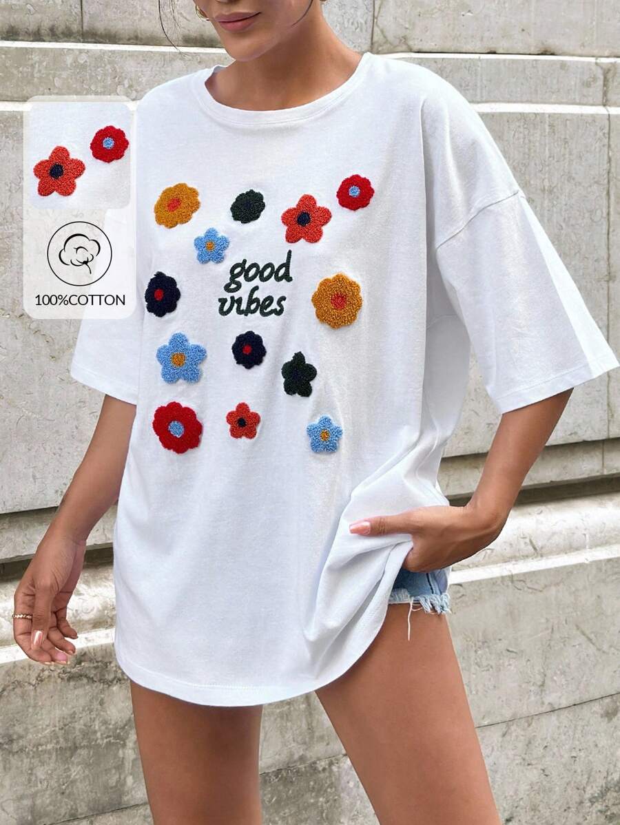 EURMUSE 女士花卉刺绣圆领落肩宽松休闲 T 恤 - 白色 - 查看 1
