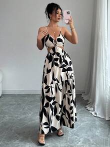 SHEIN PETITE 女士新款镂空蝴蝶结印花长裙，度假风格 - 杏色 - 查看 5