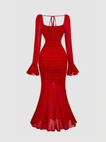 SHEIN MOD 女士红色喇叭袖美人鱼连衣裙，适合生日、复古、2000年代风格、仙女风、节日、哥特风、婚礼宾客礼服、生日礼服、派对礼服、仙女风、外出礼服、秋季婚礼宾客礼服、红色长袖褶皱长款连衣裙，适合婚礼宾客派对，柔软弹力网纱面料，优雅浪漫风格，方领修身连衣裙，适合正式晚宴、鸡尾酒会、订婚晚宴、宴会、节日活动等场合。 - 紅色 - 查看 6