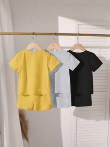 SHEIN Explorewe 6件/套 3件/包 幼儿男孩字母印花校园纽约洛杉矶美国短袖T恤和短裤休闲套装 黄色*1，灰色*1，黑色*1 - 彩色 - 查看 2