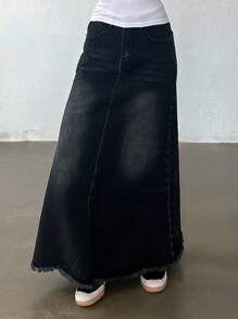 DAZY 女士带口袋毛边直筒宽松休闲牛仔裙 - 深灰色 - 查看 4