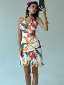 Aloruh Váy ôm sát lưng hở lưng in hoa, gợi cảm, trang phục đi nghỉ cho nữ, đầu thu - Nhiều màu - Xem 7