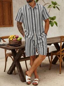 ResortEase Plus Size Men's Casual Striped Shirt And Shorts Set