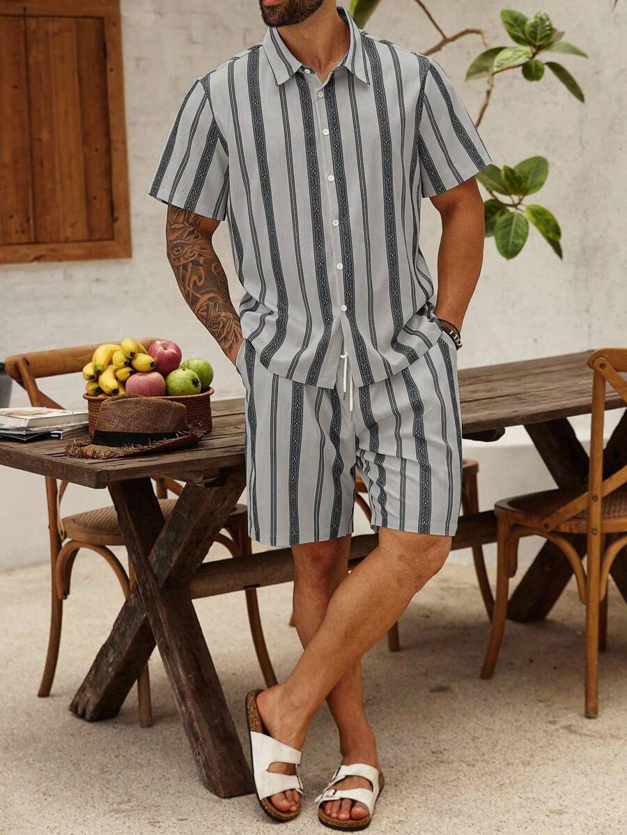 ResortEase Plus Size Men's Casual Striped Shirt And Shorts Set