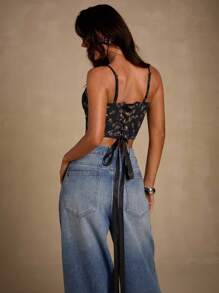 Glamine 夏季假日花卉印花蕾丝紧身胸衣鱼骨结构修身吊带背心图案 T 恤女式上衣 - 黑色 - 查看 3