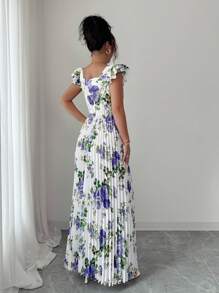 Selianne 女士印花方领荷叶袖褶裥下摆连衣裙，优雅度假之选