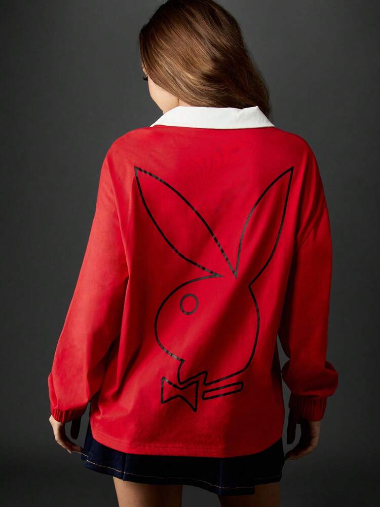 Missguided x Playboy Christmas Varsity Style Rugby Collar Top Bunny Back Print Retro Streetwear Preppy Fashion Y2K Aesthetic Cotton Blend Long Sleeve Fall Winter Spring College Student Casual Daily Wear