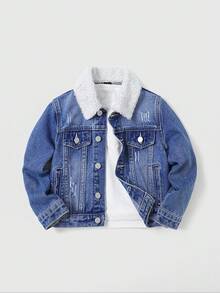 Denimly Young Boy Casual Daily Urban Street Composite Fleece Collar Design Simple Comfortable Washed Denim Jacket - Medium Wash - View 8