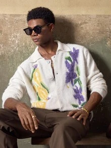 AKNOTIC 男士针织开衫 - 米色，百搭休闲法式刺绣花卉图案，圆领长袖夹克 - 手洗或干洗 - 适合全球，秋冬 - 米色 - 查看 1