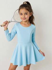 小女孩芭蕾舞连体衣，镂空后背，长袖舞蹈服，适合学校表演和比赛 - 藍色 - 查看 1