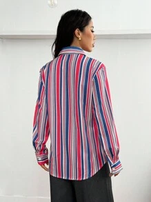 INAWLY 女式条纹长袖单排扣休闲/工作衬衫 - 彩色 - 查看 3