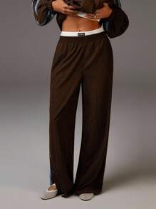 Athîral Women's Elastic Waist Side Striped Wide Leg Loose Casual Pants Brown Pants Women Wide Leg Pants Snap Pants Track Pants Brown Track Pants - Coffee Brown - View 4