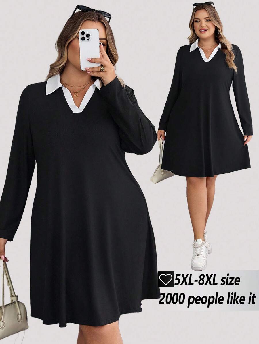 SHEIN CURVE+ Curves 大码/学校服装/返校服装/返校休闲百搭撞色领大码连衣裙大码长袖连衣裙大码工作服 8xl 女装大码黑色连衣裙女式大码连衣裙秋季女士服装、冬季、CURVE PLUS - 黑色 - 查看 1