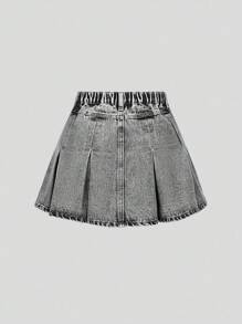 SHEIN Tween Girls Vintage Washed Denim Fashionable Versatile Comfortable Casual Minimalist Elastic Waist Pleated Denim Skirt