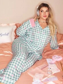 Bộ đồ ngủ kẻ caro gingham cài nút cỡ lớn kèm quần ngủ, trang phục mùa thu - màu xanh lá - Xem 1