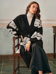 Anewsta Women's Loose Knit Cardigan, Black Jacquard Textured High-End Winter Jacket - Black - View 3