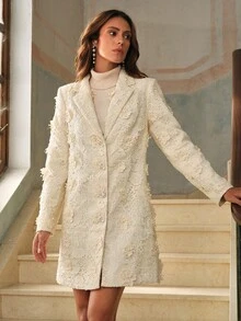 Anewsta Áo khoác dài vừa phải đính cườm ren hoa 3D thanh lịch dành cho nữ, Thu/Đông - trắng - Xem 9