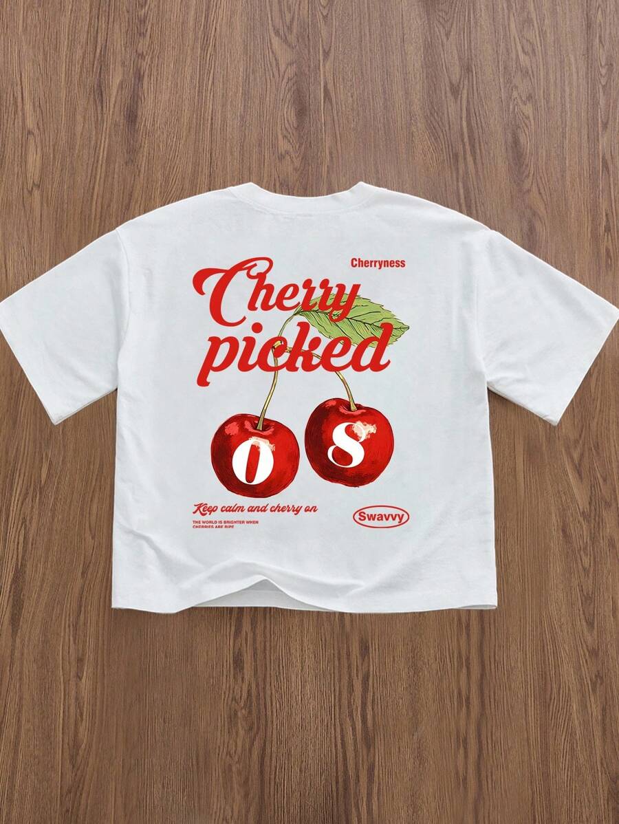 Manfinity VCAY 日常休闲派对装数码樱桃水果印花男士白色宽松弹力针织圆领短袖T恤，情侣装 - 白色 - 查看 1