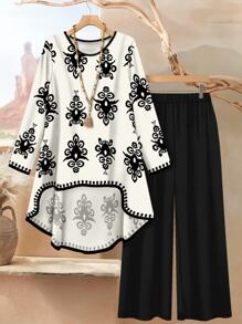 大码女式两件套 - 长袖花卉印花衬衫和纯色宽松裤，优雅的春夏季度假休闲装，2 件夏季服装，女士秋季服装 - 黑與白 - 查看 1