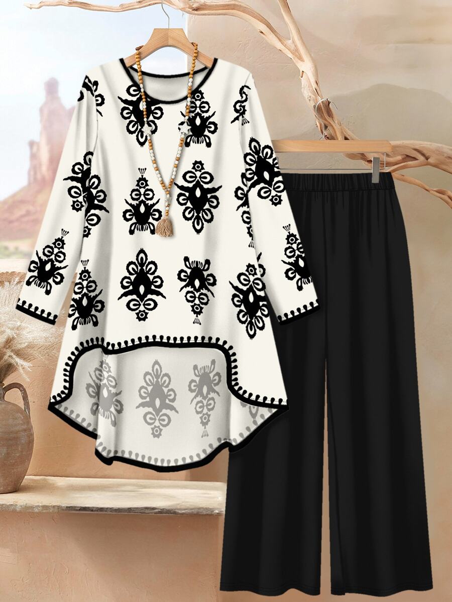 大码女式两件套 - 长袖花卉印花衬衫和纯色宽松裤，优雅的春夏季度假休闲装，2 件夏季服装，女士秋季服装 - 黑與白 - 查看 1